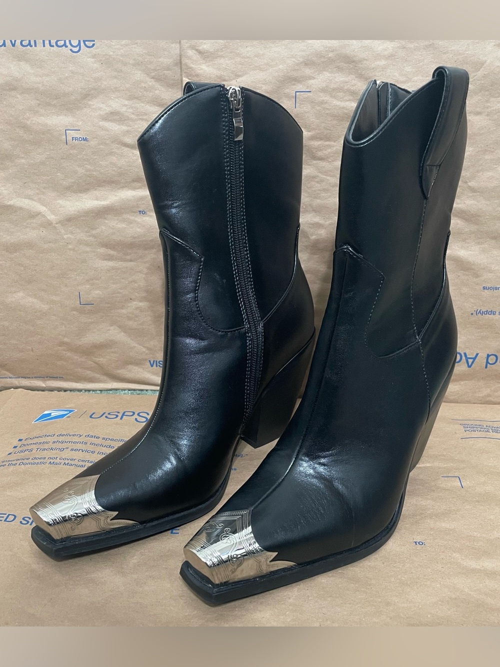 SHEIN Black Western Ankle Boots with Silver Toe Caps Size 7